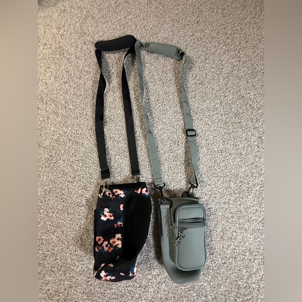 2 Multifunction Drink Sling Holders– Floral & Gray Neoprene Crossbody Cup Bags